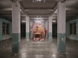 Installation view of Things to Come by Aleksandra Domanović by Damir Žižić. Installed at Bivša Trikotaža, Pula for the 5th Industrial Art Biennial. 