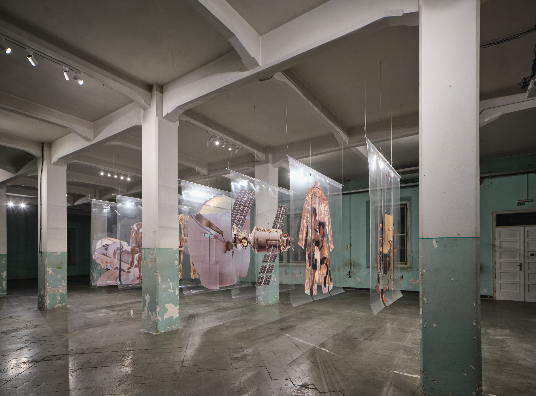 Installation view of Things to Come by Aleksandra Domanović by Damir Žižić. Installed at Bivša Trikotaža, Pula for the 5th Industrial Art Biennial. 